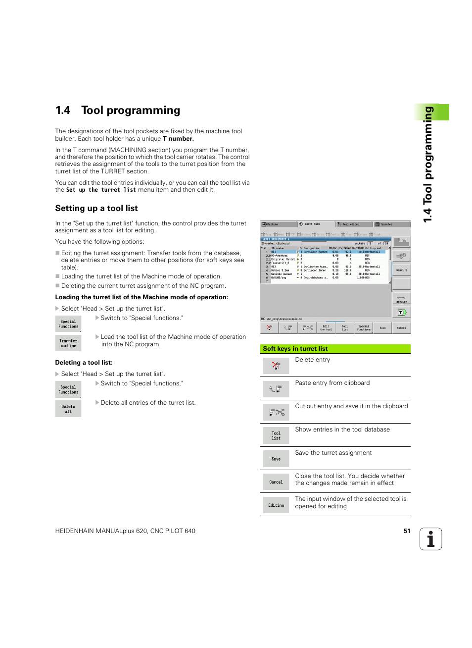 4 tool programming, Setting up a tool list, 4 t ool pr ogr a mming 1.4 tool programming | HEIDENHAIN SW 54843x-02 DIN Programming User Manual | Page 51 / 601