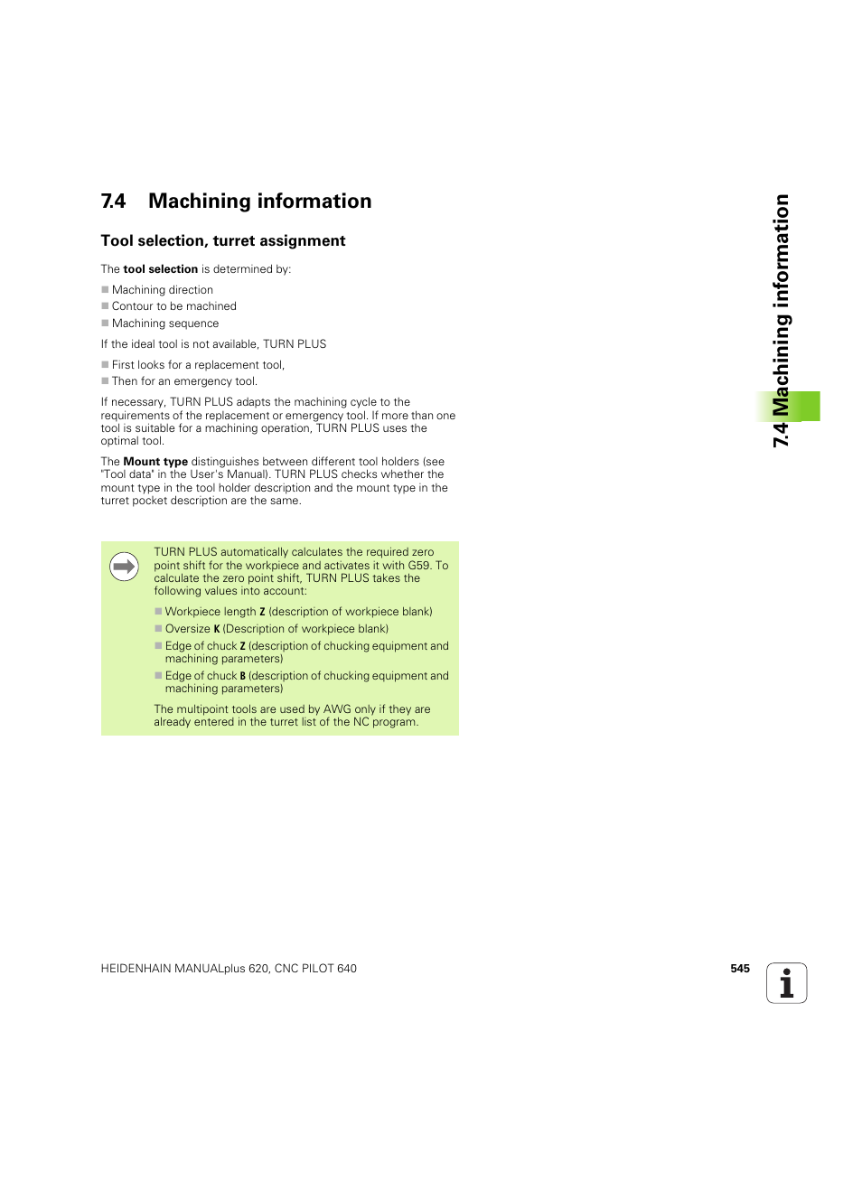 4 machining information, Tool selection, turret assignment | HEIDENHAIN SW 54843x-02 DIN Programming User Manual | Page 545 / 601