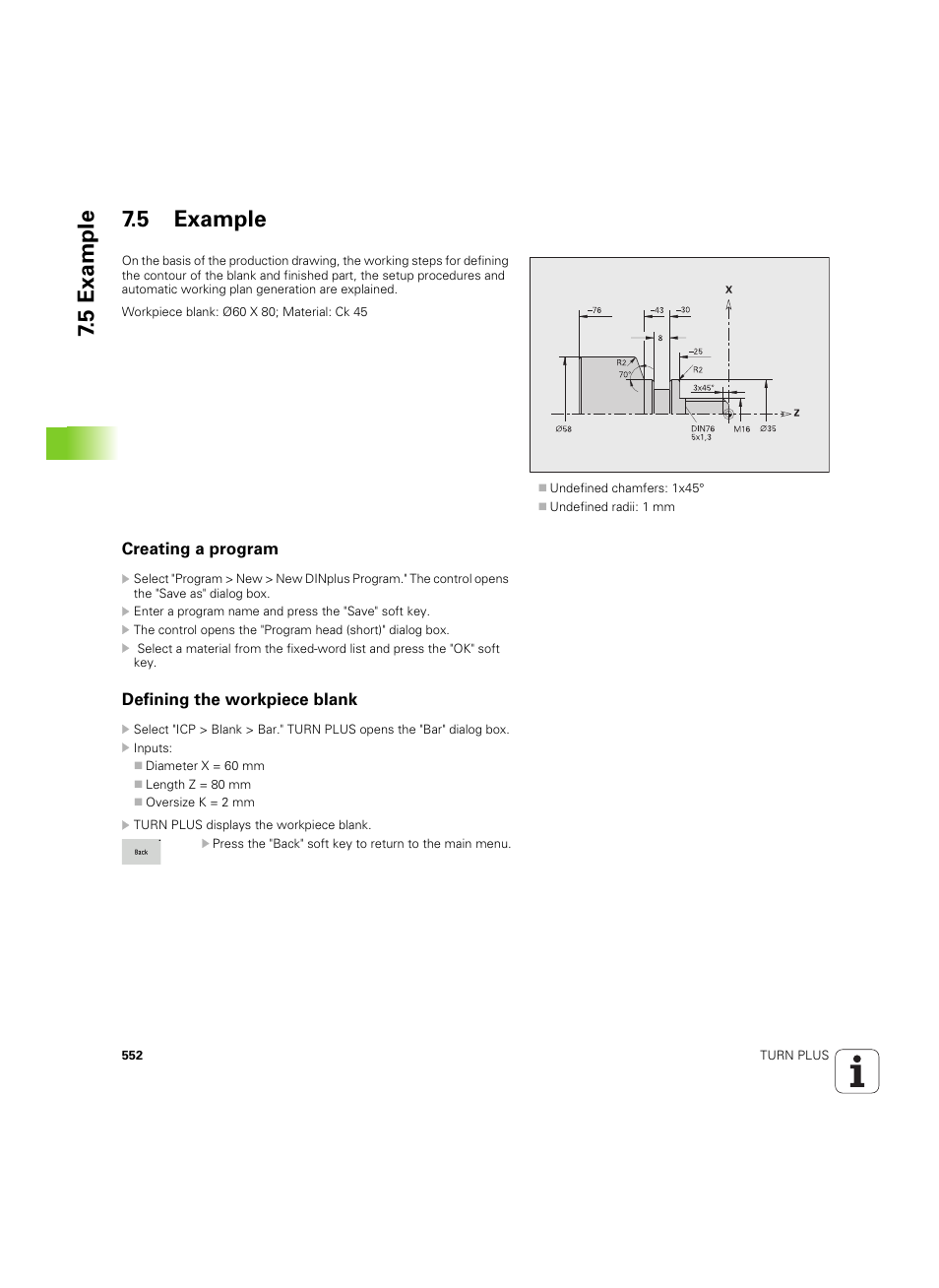 5 example, Creating a program, Defining the workpiece blank | 5 example 7.5 example | HEIDENHAIN SW 54843x-02 DIN Programming User Manual | Page 552 / 601