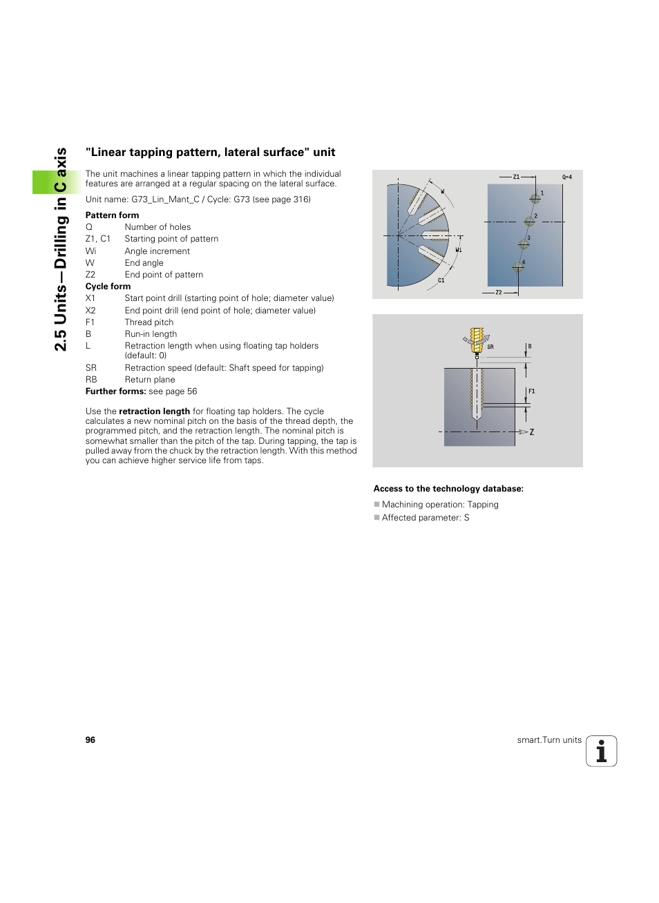 Linear tapping pattern, lateral surface" unit, 5 units—dr illing in c axis | HEIDENHAIN SW 54843x-02 DIN Programming User Manual | Page 96 / 601