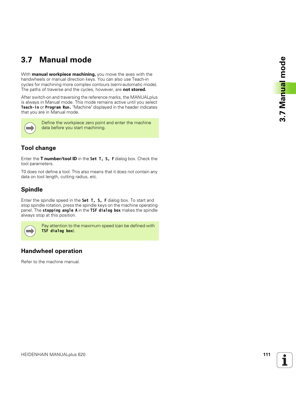 7 manual mode, Tool change, Spindle | Handwheel operation | HEIDENHAIN SW 54843x-03 User Manual | Page 111 / 656