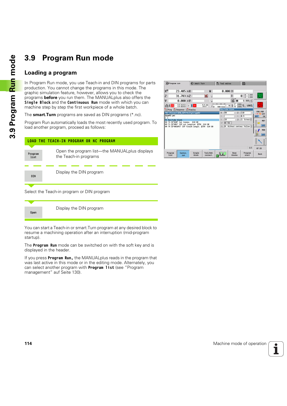 9 program run mode, Loading a program, 9 pr ogr am run mode 3.9 program run mode | HEIDENHAIN SW 54843x-03 User Manual | Page 114 / 656