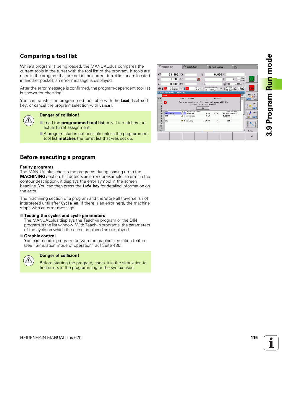 Comparing a tool list, Before executing a program, 9 pr ogr am run mode | HEIDENHAIN SW 54843x-03 User Manual | Page 115 / 656
