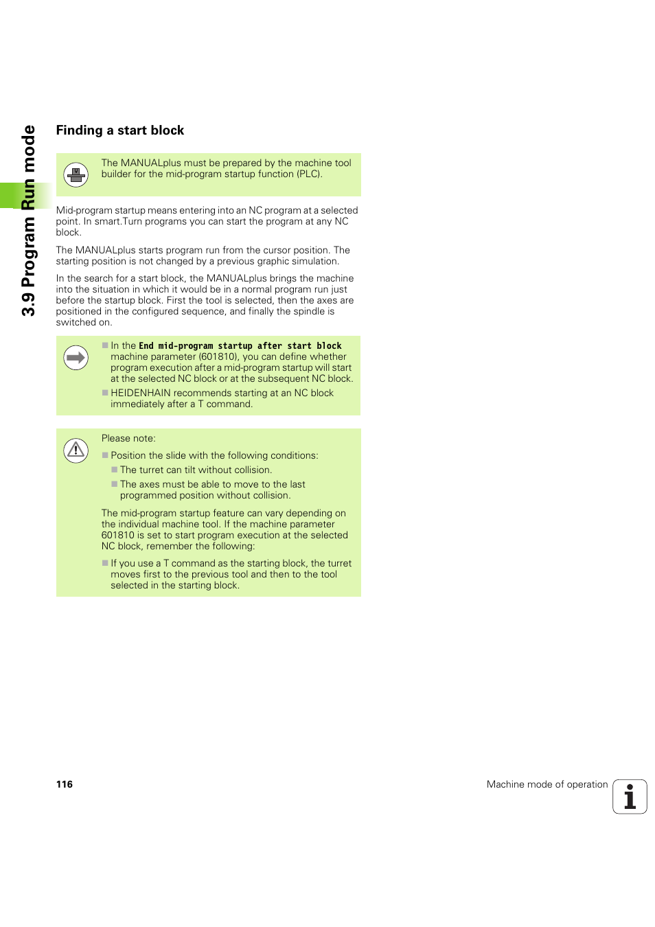 Finding a start block, 9 pr ogr am run mode | HEIDENHAIN SW 54843x-03 User Manual | Page 116 / 656