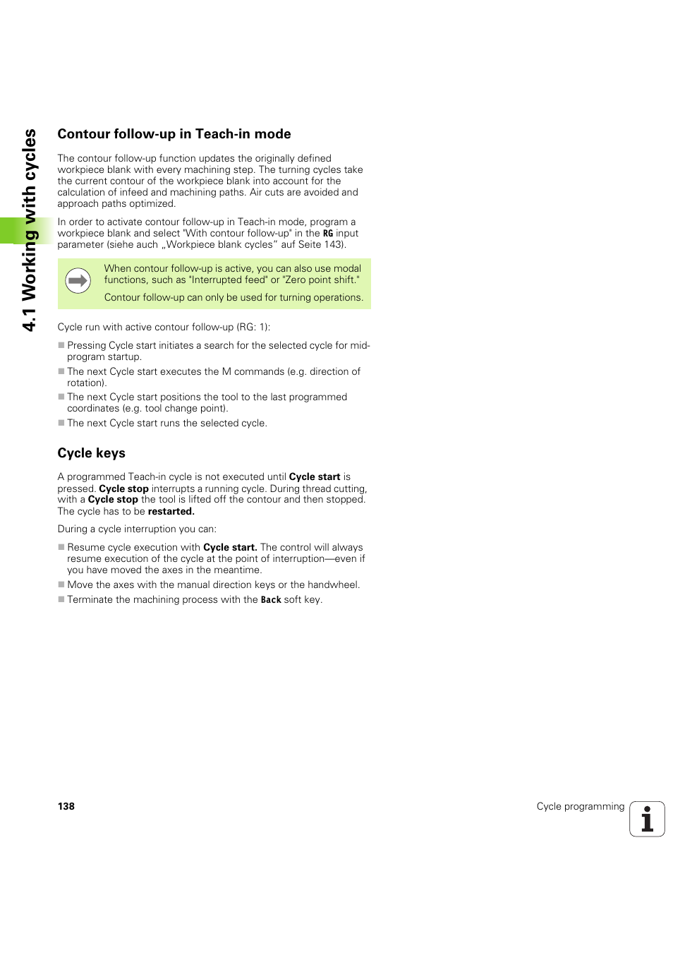 Contour follow-up in teach-in mode, Cycle keys, 1 w o rk ing with cy cles | HEIDENHAIN SW 54843x-03 User Manual | Page 138 / 656