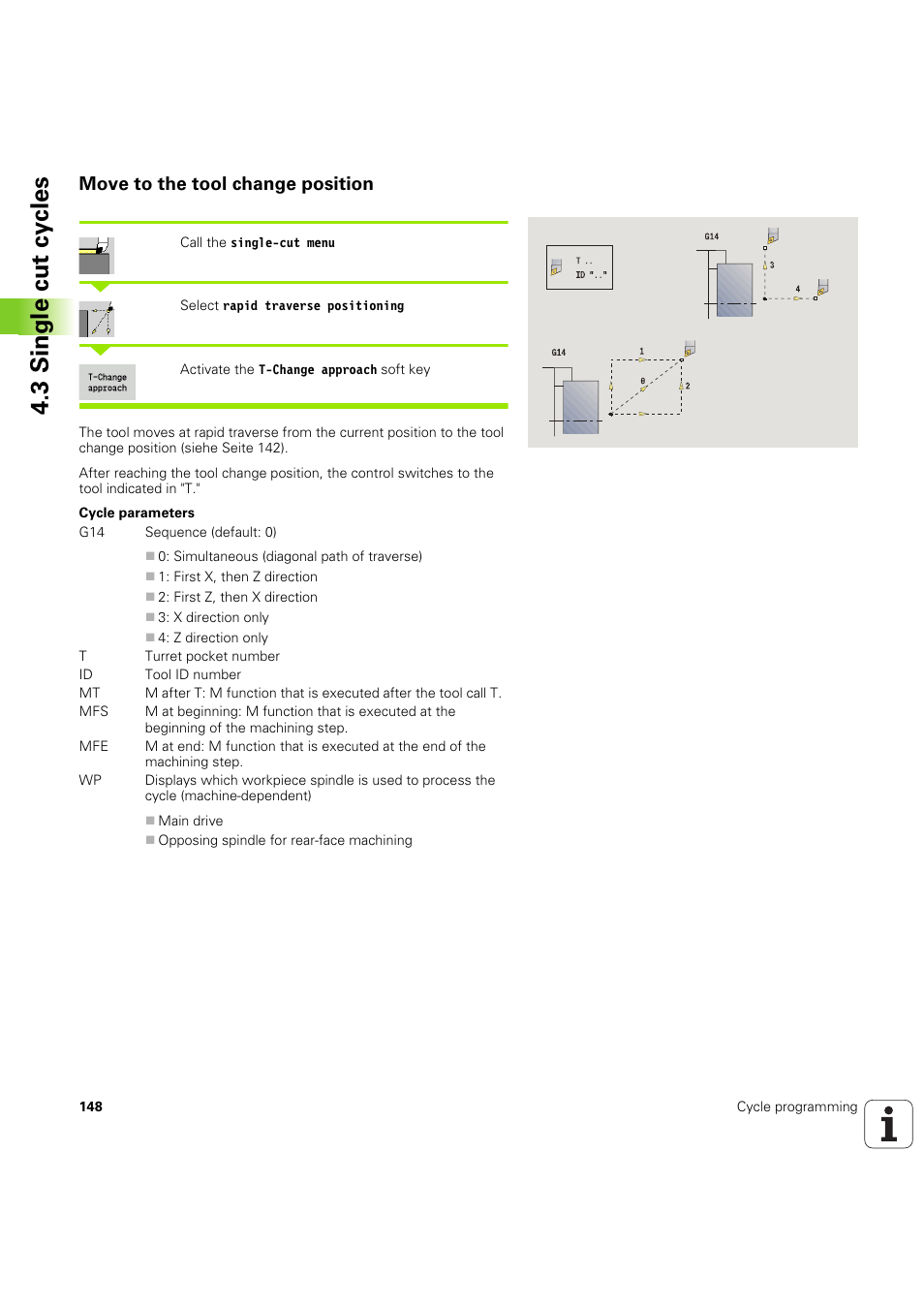 Move to the tool change position, 3 single cut cy cles | HEIDENHAIN SW 54843x-03 User Manual | Page 148 / 656