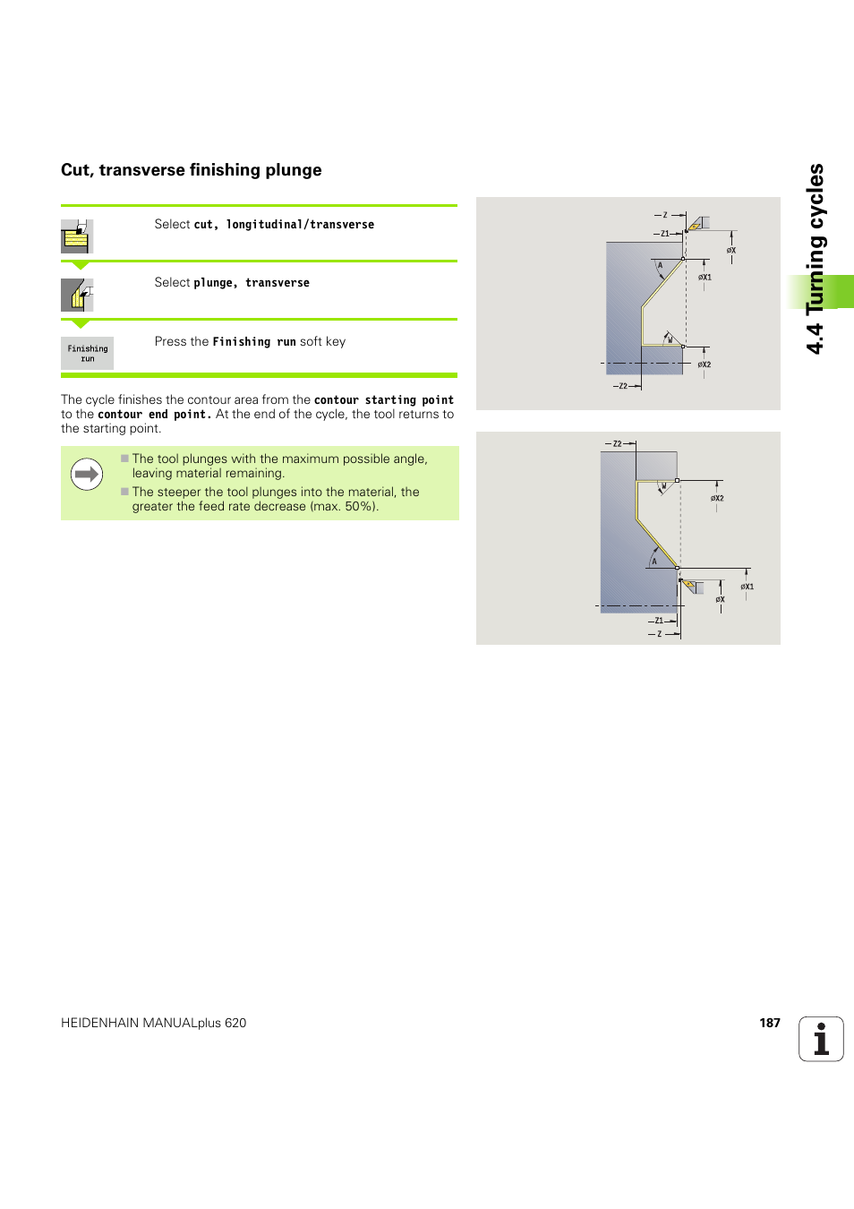 Cut, transverse finishing plunge, 4 t u rn ing cy cles | HEIDENHAIN SW 54843x-03 User Manual | Page 187 / 656