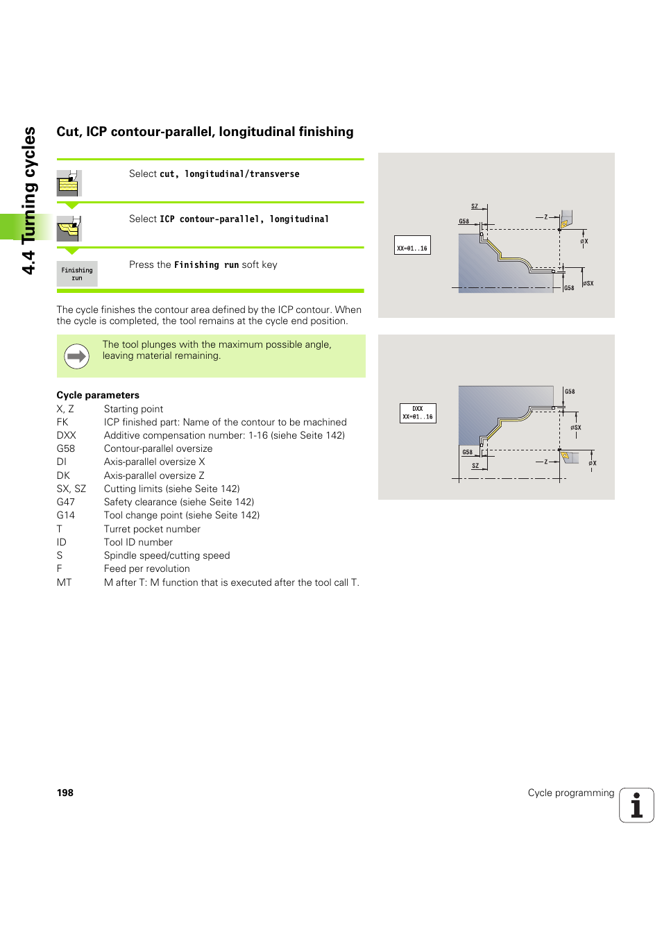 Cut, icp contour-parallel, longitudinal finishing, 4 t u rn ing cy cles | HEIDENHAIN SW 54843x-03 User Manual | Page 198 / 656