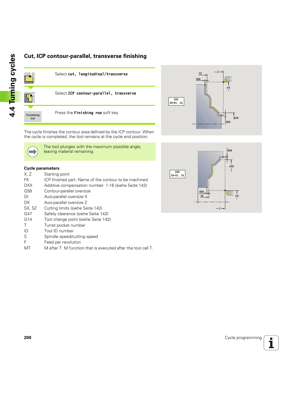 Cut, icp contour-parallel, transverse finishing, 4 t u rn ing cy cles | HEIDENHAIN SW 54843x-03 User Manual | Page 200 / 656