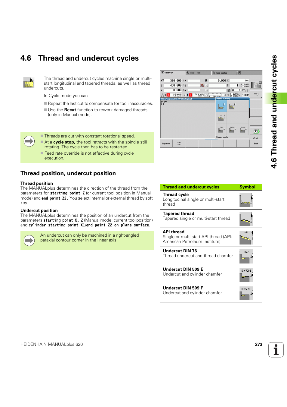 6 thread and undercut cycles, Thread position, undercut position | HEIDENHAIN SW 54843x-03 User Manual | Page 273 / 656