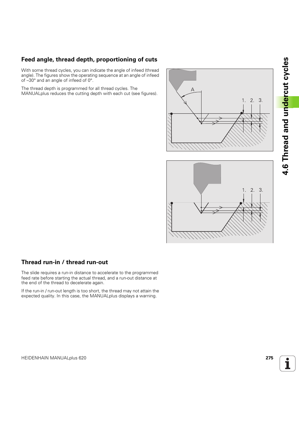 Feed angle, thread depth, proportioning of cuts, Thread run-in / thread run-out, 6 thr ead and under c ut cy cles | HEIDENHAIN SW 54843x-03 User Manual | Page 275 / 656