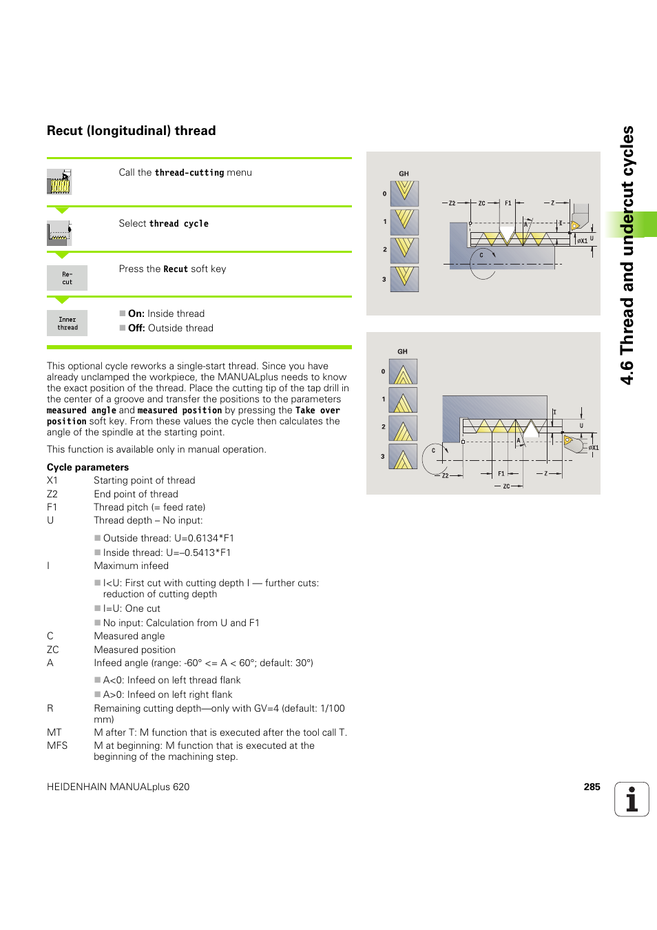 Recut (longitudinal) thread, 6 thr ead and under c ut cy cles | HEIDENHAIN SW 54843x-03 User Manual | Page 285 / 656