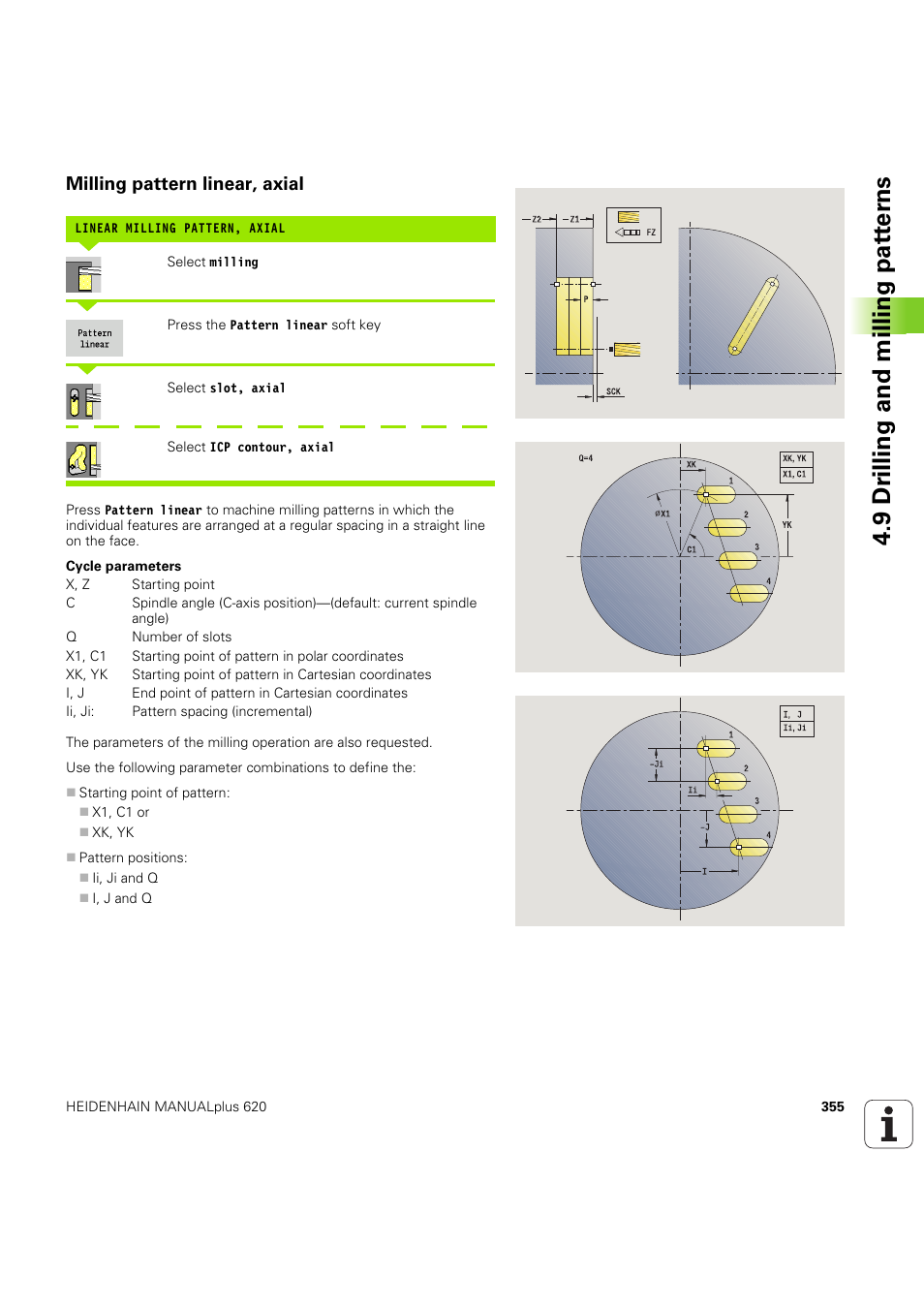 Milling pattern linear, axial, 9 dr illing and milling pat ter ns | HEIDENHAIN SW 54843x-03 User Manual | Page 355 / 656