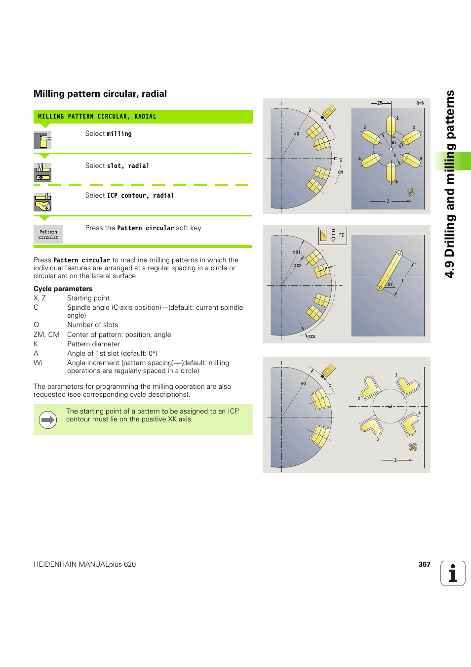 Milling pattern circular, radial, 9 dr illing and milling pat ter ns | HEIDENHAIN SW 54843x-03 User Manual | Page 367 / 656