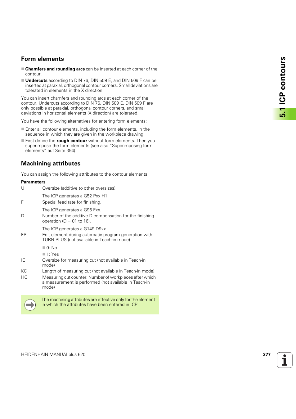 Form elements, Machining attributes, 1 icp cont ours | HEIDENHAIN SW 54843x-03 User Manual | Page 377 / 656
