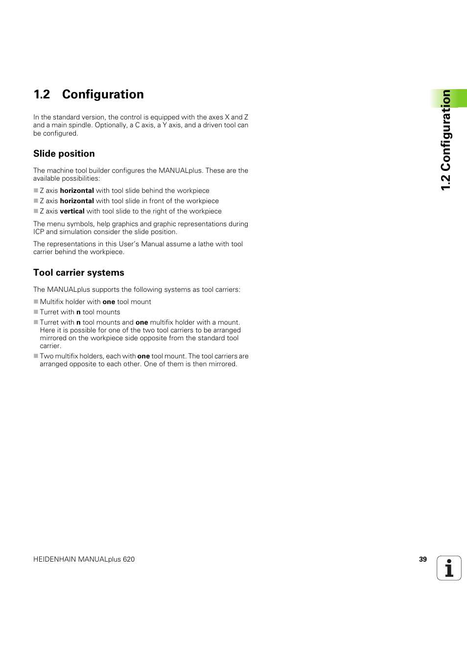 2 configuration, Slide position, Tool carrier systems | 2 configur ation 1.2 configuration | HEIDENHAIN SW 54843x-03 User Manual | Page 39 / 656