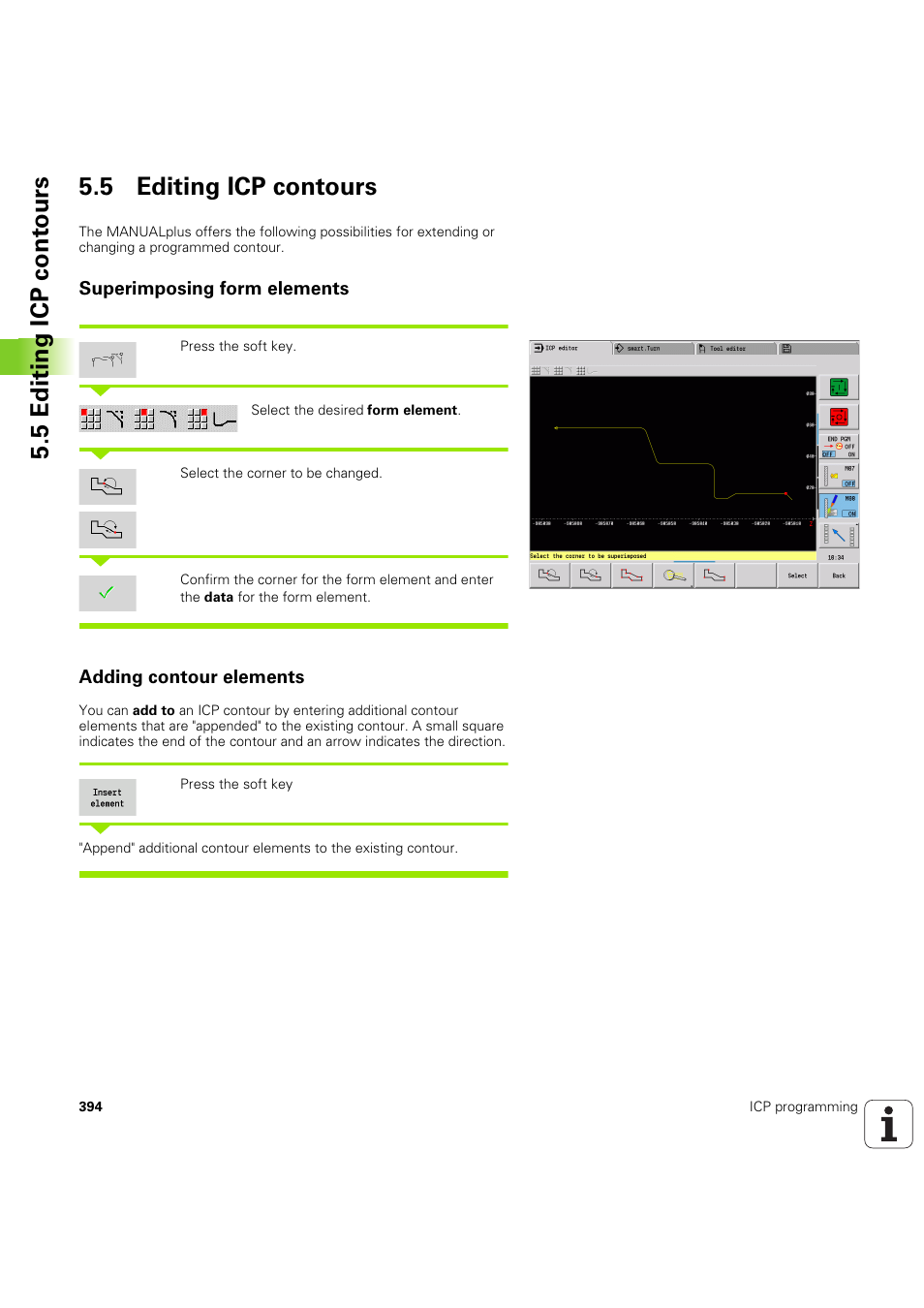 5 editing icp contours, Superimposing form elements, Adding contour elements | 5 editing icp cont ours 5.5 editing icp contours | HEIDENHAIN SW 54843x-03 User Manual | Page 394 / 656