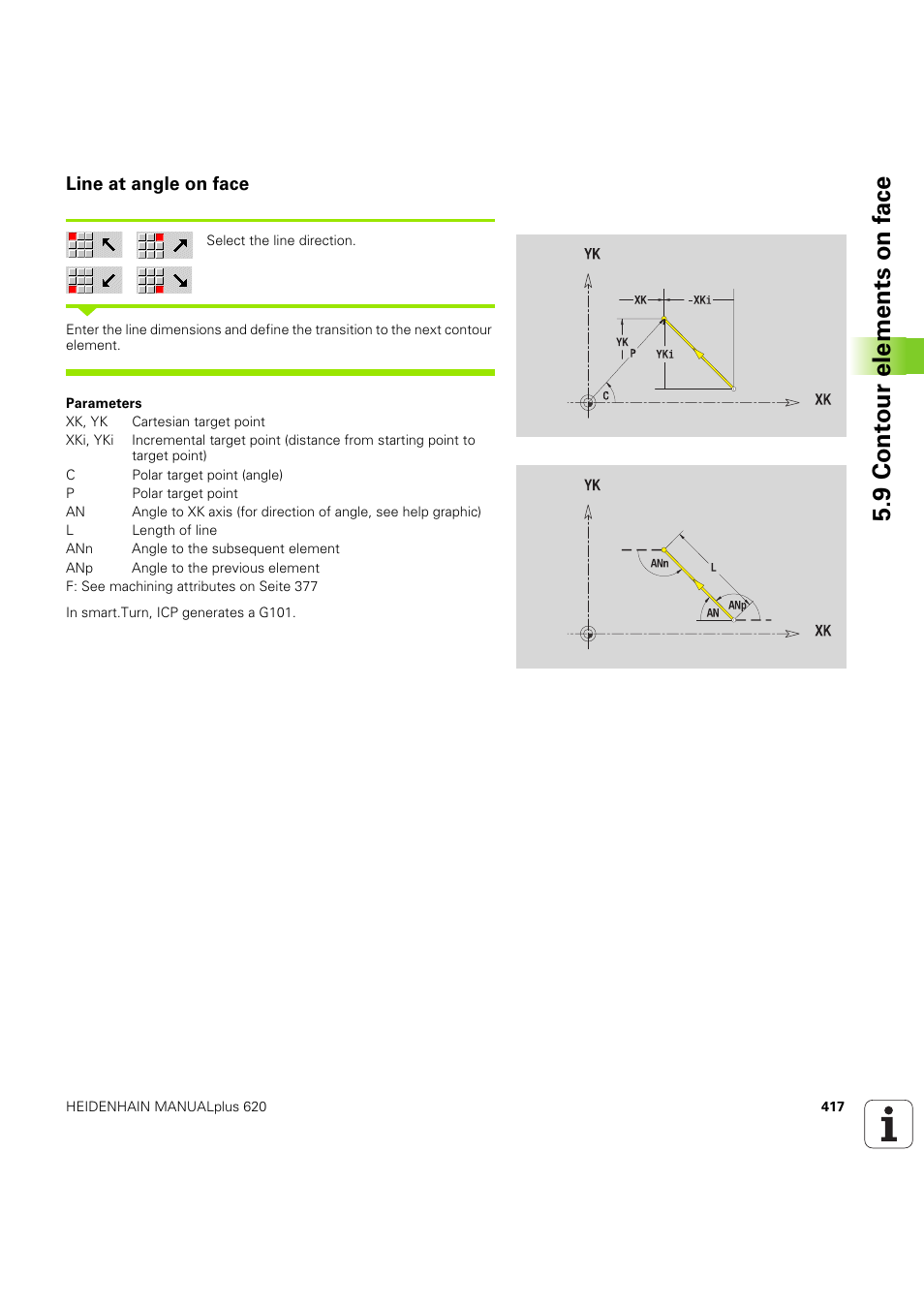 Line at angle on face, 9 cont our elements on f a ce | HEIDENHAIN SW 54843x-03 User Manual | Page 417 / 656