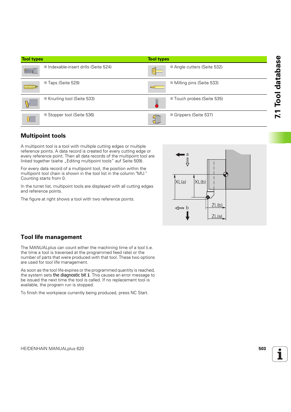 Multipoint tools, Tool life management, 1 t o ol database | HEIDENHAIN SW 54843x-03 User Manual | Page 503 / 656