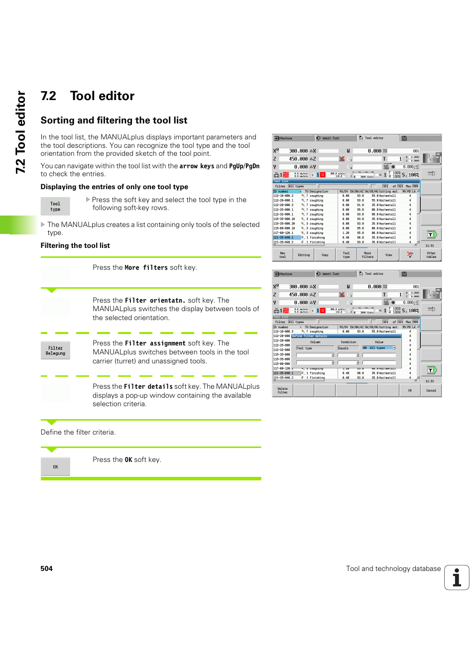 2 tool editor, Sorting and filtering the tool list, 2 t ool edit or 7.2 tool editor | HEIDENHAIN SW 54843x-03 User Manual | Page 504 / 656