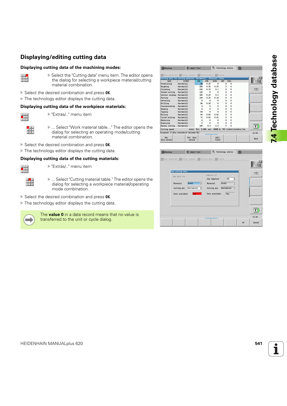 Displaying/editing cutting data, 4 t e c hnolog y database | HEIDENHAIN SW 54843x-03 User Manual | Page 541 / 656