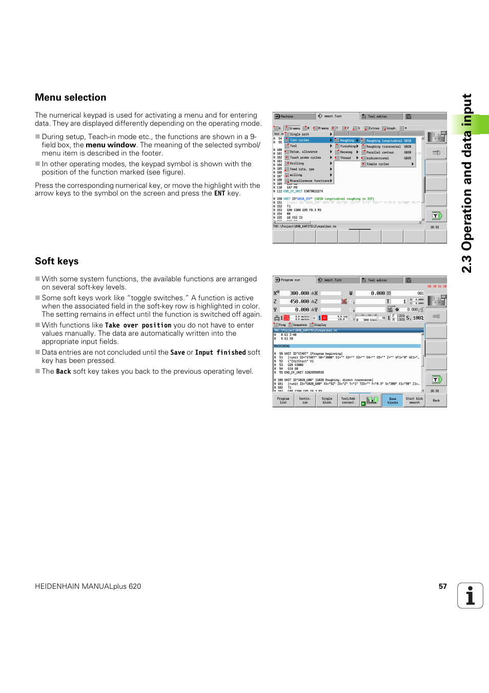Menu selection, Soft keys, 3 oper ation and data input | HEIDENHAIN SW 54843x-03 User Manual | Page 57 / 656