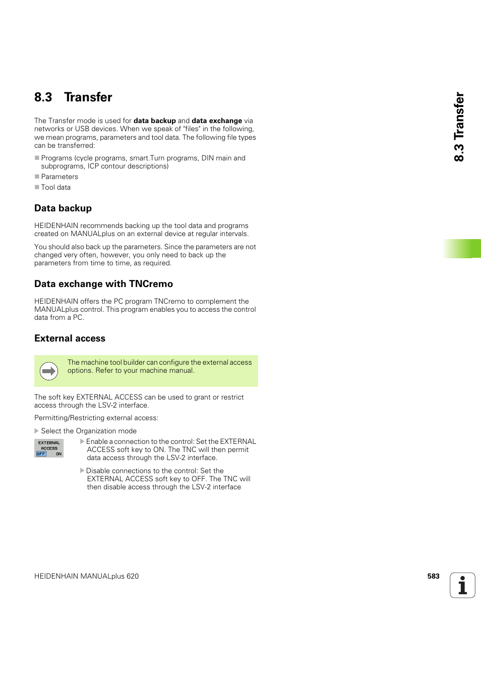 3 transfer, Data backup, Data exchange with tncremo | External access, 3 t ransf er 8.3 transfer | HEIDENHAIN SW 54843x-03 User Manual | Page 583 / 656