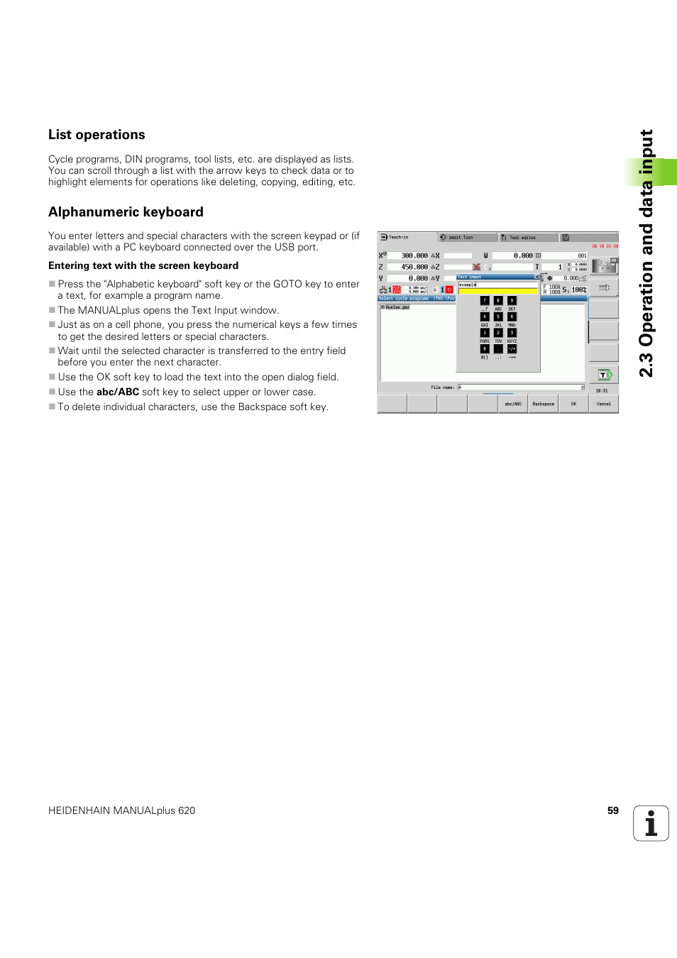 List operations, Alphanumeric keyboard, 3 oper ation and data input | HEIDENHAIN SW 54843x-03 User Manual | Page 59 / 656