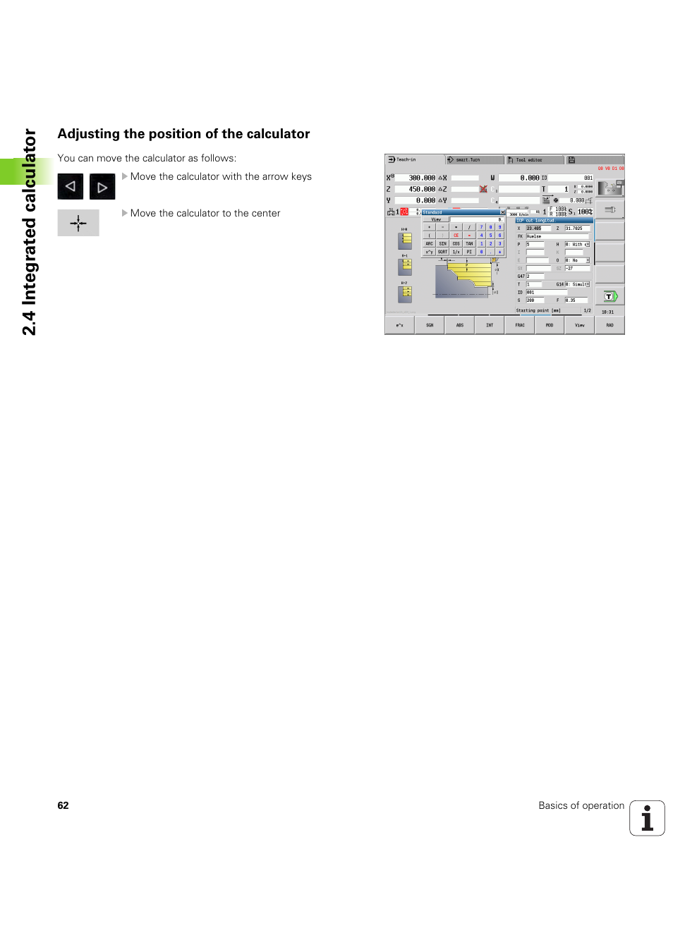 Adjusting the position of the calculator, 4 int e gr at ed calculat or | HEIDENHAIN SW 54843x-03 User Manual | Page 62 / 656