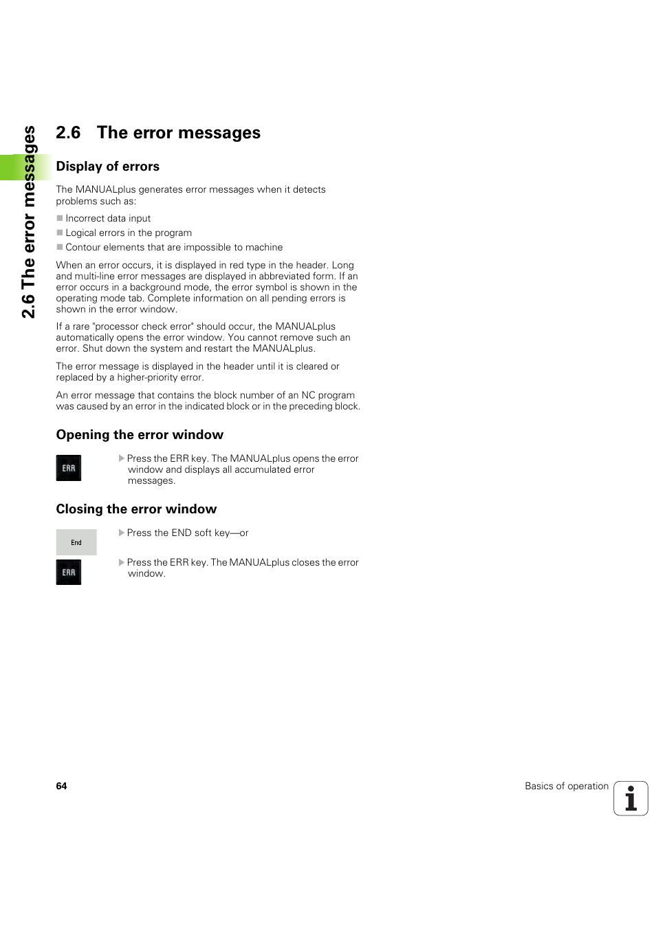 6 the error messages, Display of errors, Opening the error window | Closing the error window, 6 the er ro r messag es 2.6 the error messages | HEIDENHAIN SW 54843x-03 User Manual | Page 64 / 656