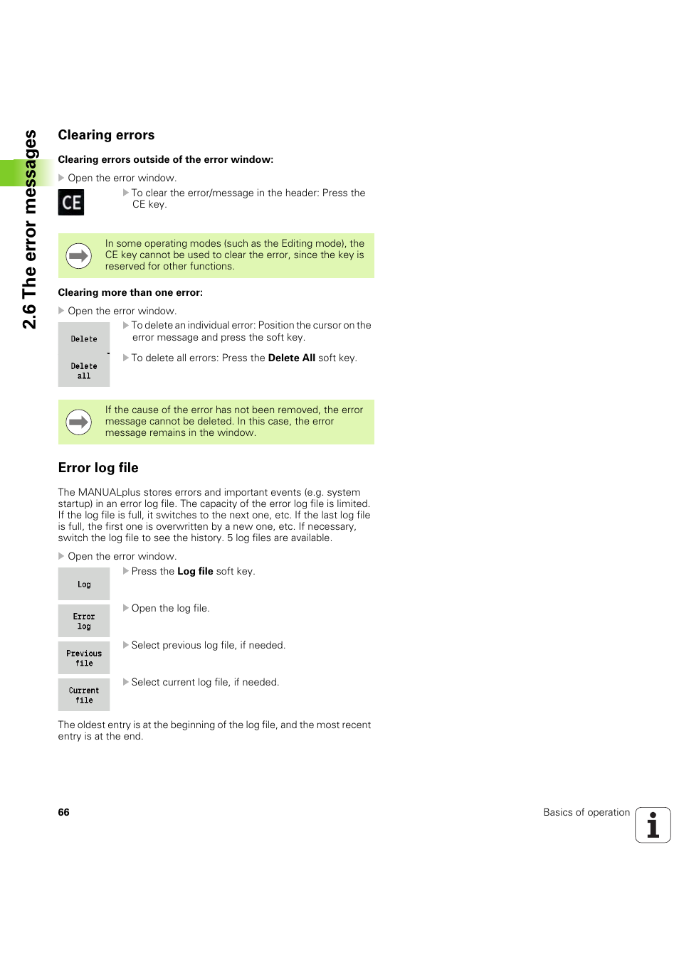 Clearing errors, Error log file, 6 the er ro r messag es | HEIDENHAIN SW 54843x-03 User Manual | Page 66 / 656