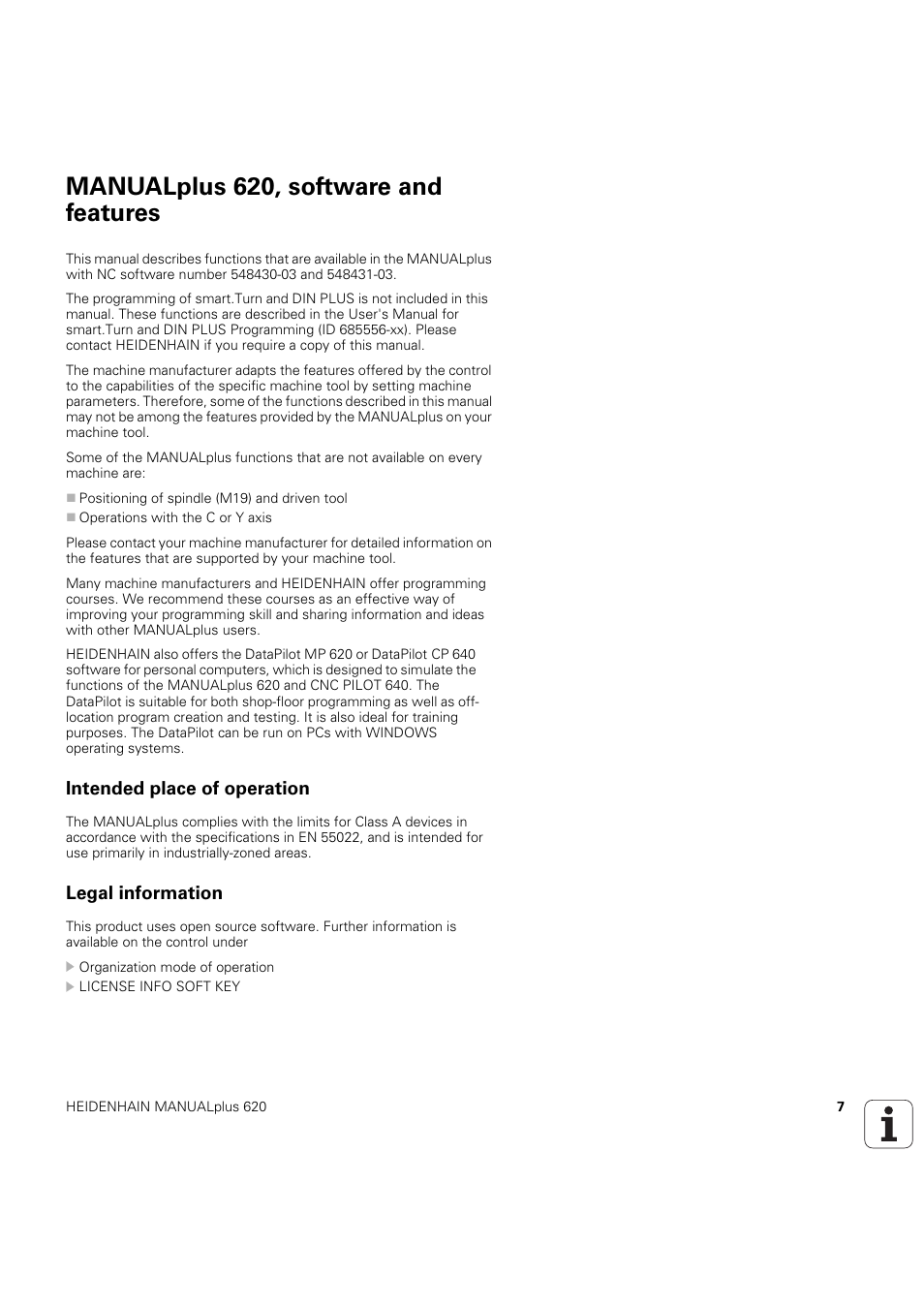 Manualplus 620, software and features, Intended place of operation, Legal information | HEIDENHAIN SW 54843x-03 User Manual | Page 7 / 656