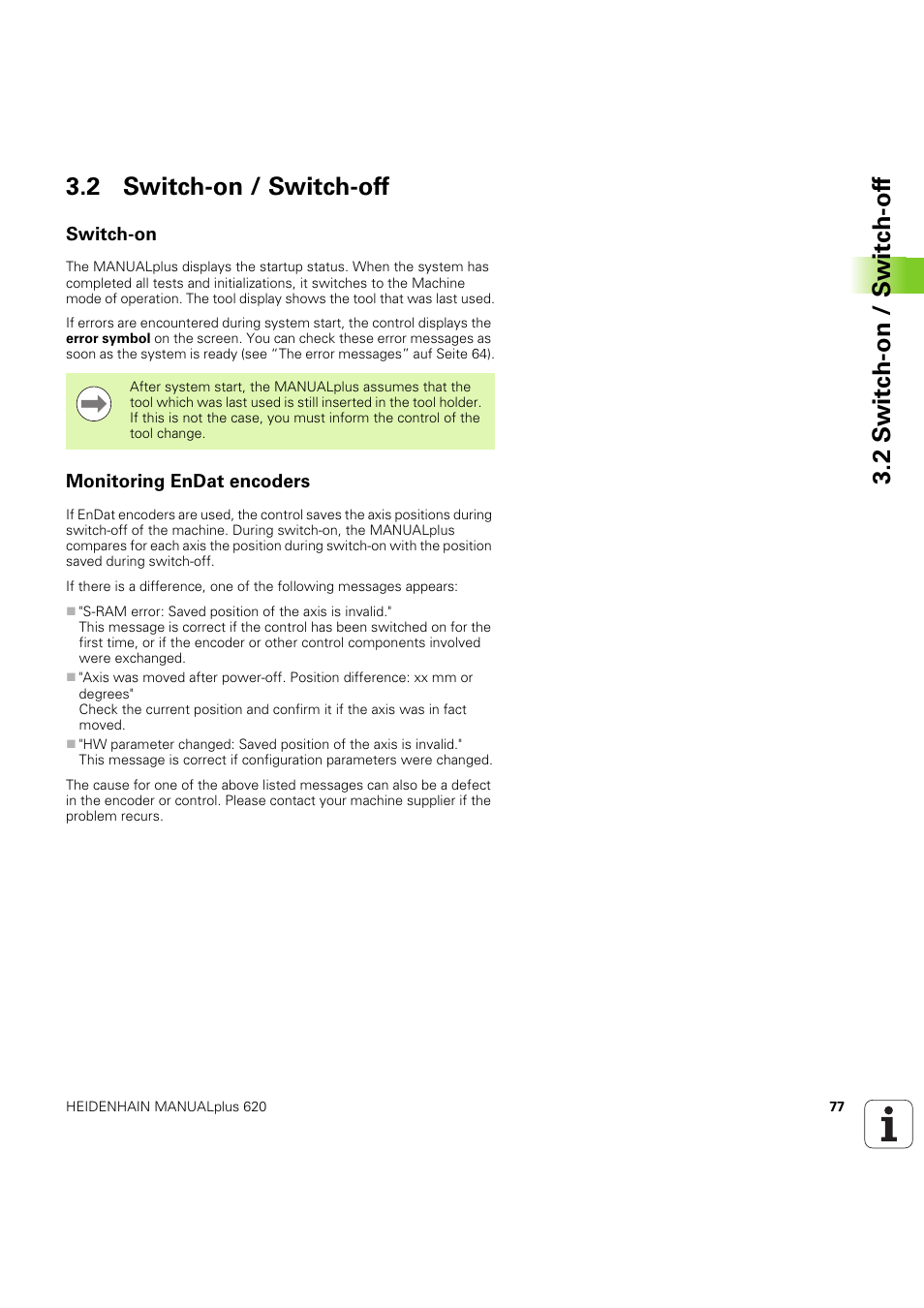 2 switch-on / switch-off, Switch-on, Monitoring endat encoders | HEIDENHAIN SW 54843x-03 User Manual | Page 77 / 656
