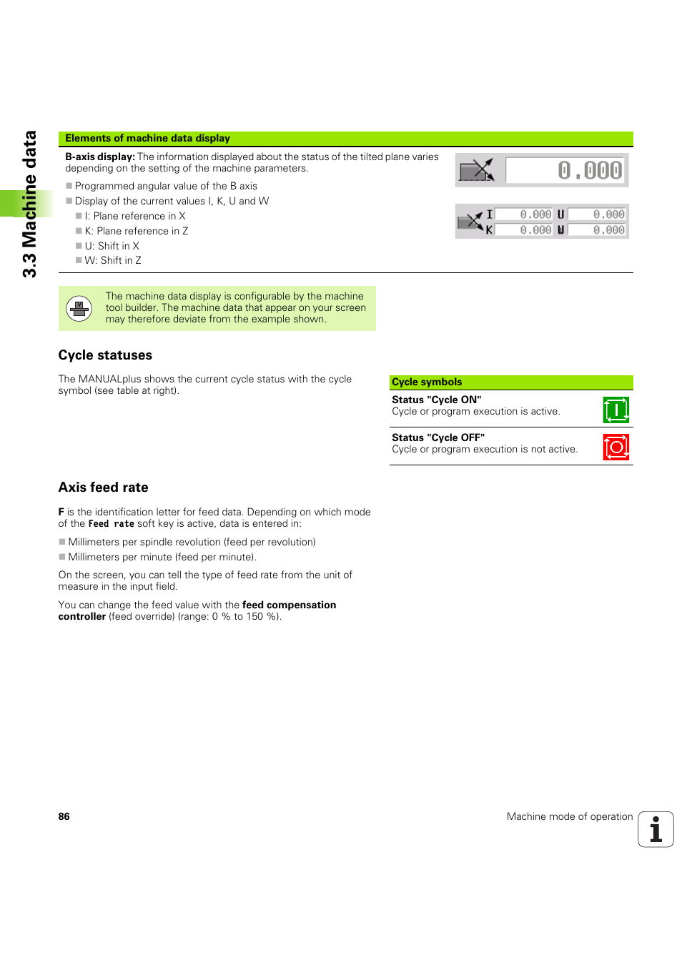 Cycle statuses, Axis feed rate, 3 mac h ine data | HEIDENHAIN SW 54843x-03 User Manual | Page 86 / 656