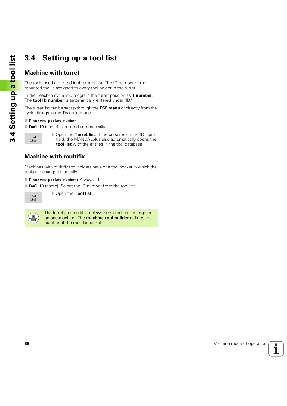 4 setting up a tool list, Machine with turret, Machine with multifix | HEIDENHAIN SW 54843x-03 User Manual | Page 88 / 656
