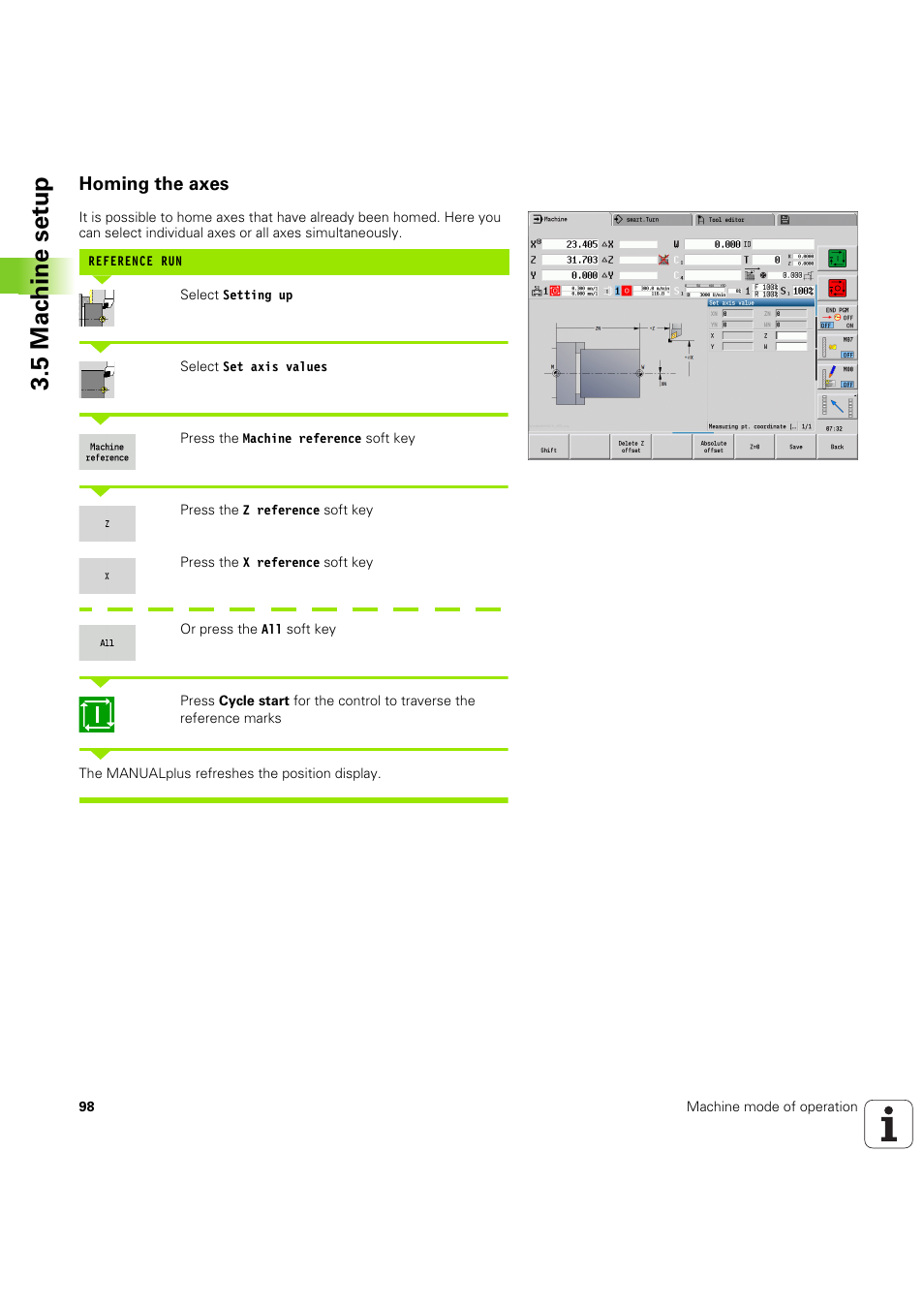 Homing the axes, 5 mac h ine set u p | HEIDENHAIN SW 54843x-03 User Manual | Page 98 / 656