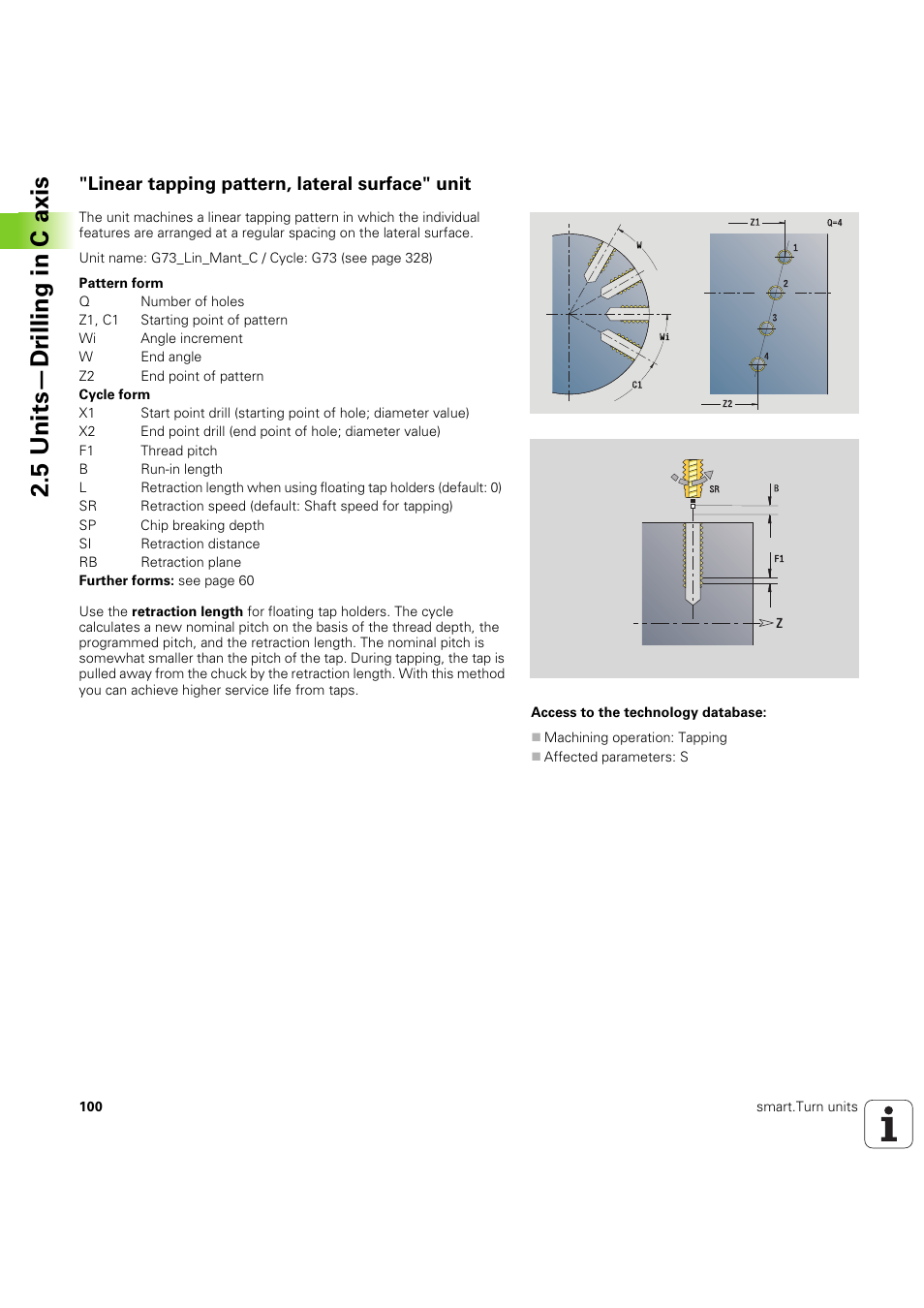 Linear tapping pattern, lateral surface" unit, 5 units—dr illing in c axis | HEIDENHAIN SW 54843x-03 DIN Programming User Manual | Page 100 / 622