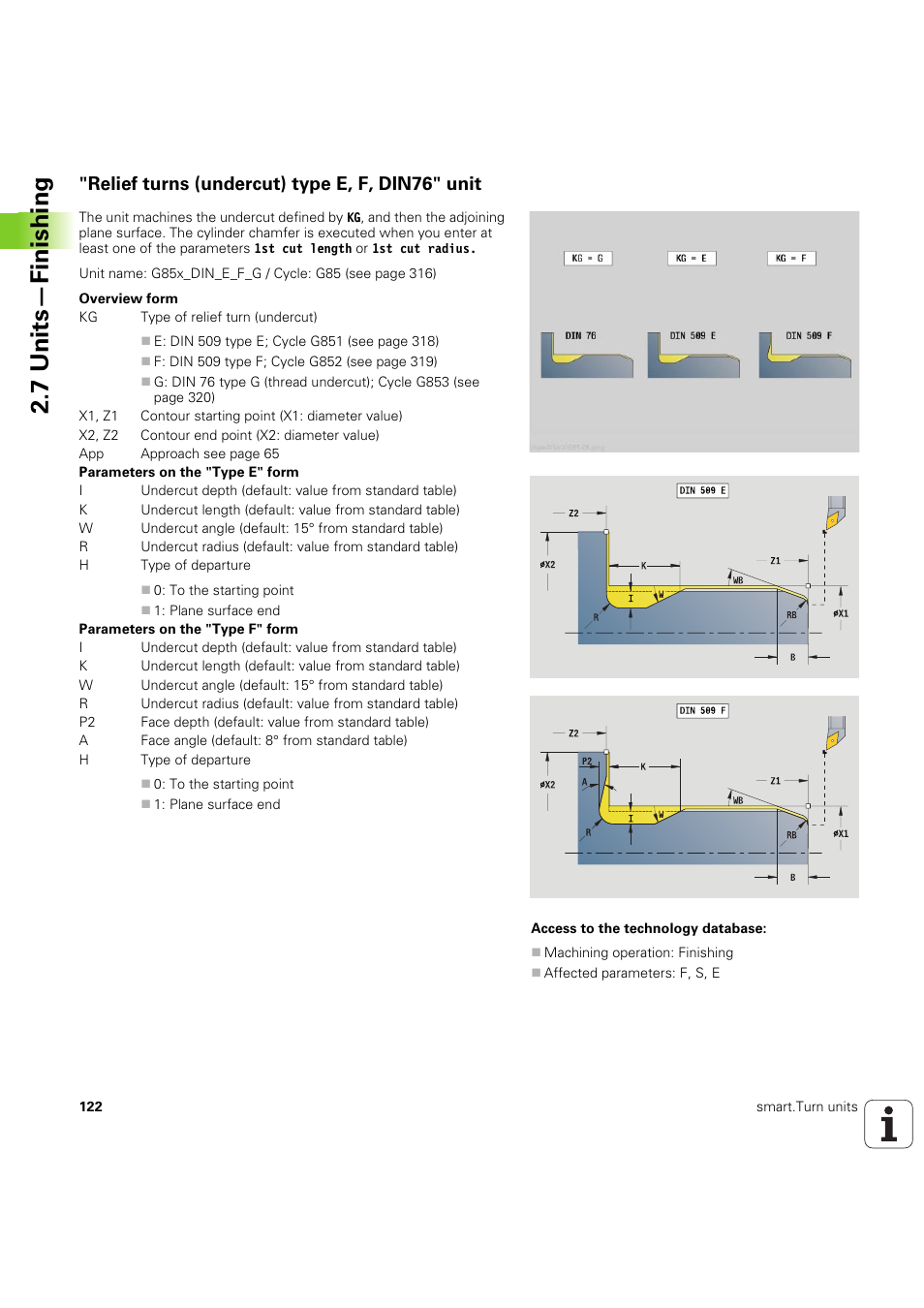 Relief turns (undercut) type e, f, din76" unit, 7 units—finishing | HEIDENHAIN SW 54843x-03 DIN Programming User Manual | Page 122 / 622