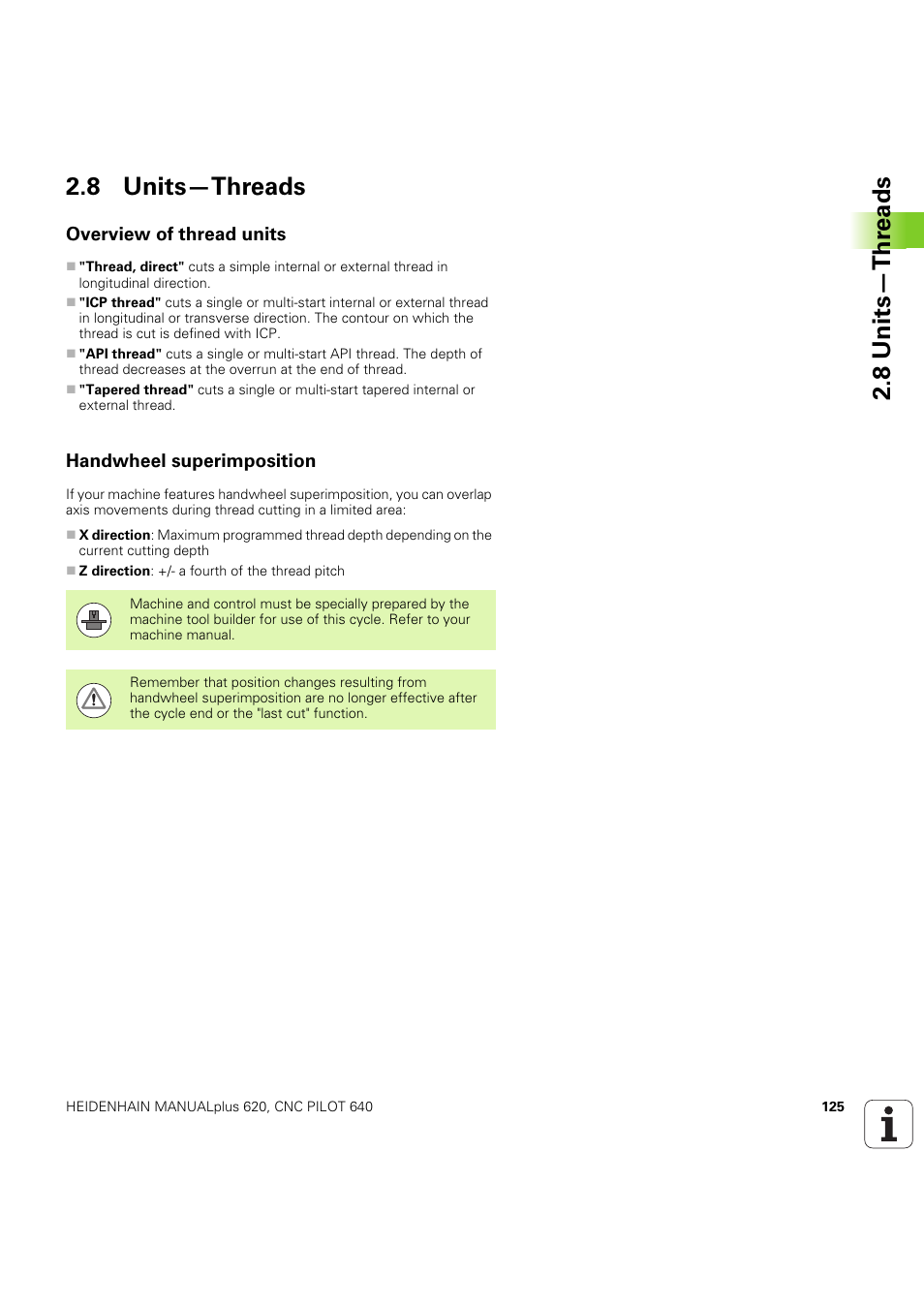 8 units—threads, Overview of thread units, Handwheel superimposition | 8 units—thr eads 2.8 units—threads | HEIDENHAIN SW 54843x-03 DIN Programming User Manual | Page 125 / 622