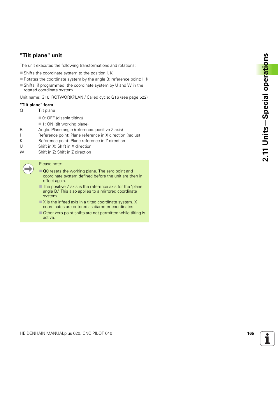 Tilt plane" unit, 1 1 units—special oper ations | HEIDENHAIN SW 54843x-03 DIN Programming User Manual | Page 165 / 622