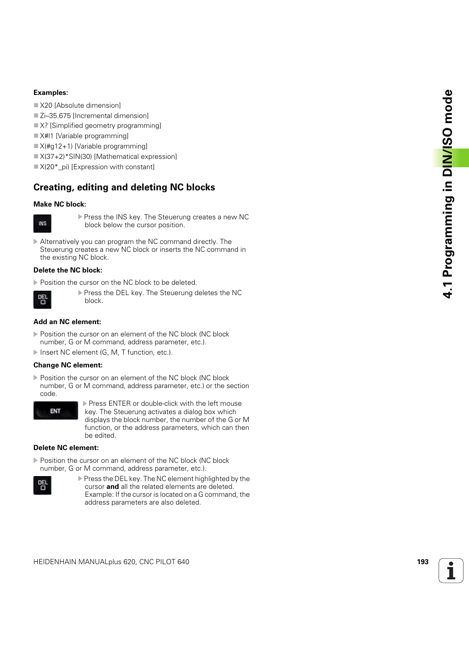 Creating, editing and deleting nc blocks, 1 pr ogr amming in din/iso mode | HEIDENHAIN SW 54843x-03 DIN Programming User Manual | Page 193 / 622