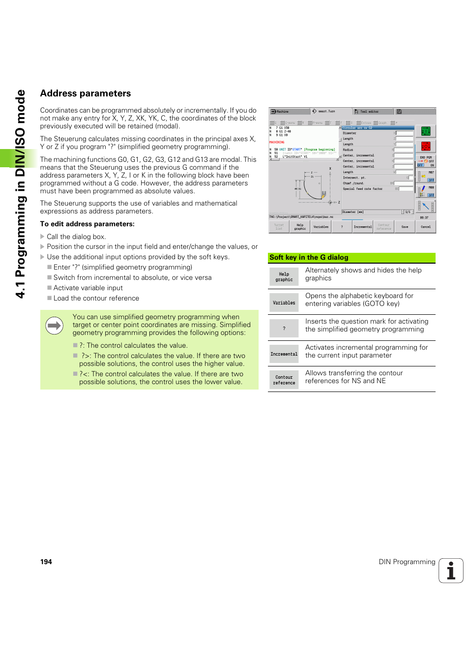 Address parameters, 1 pr ogr amming in din/iso mode | HEIDENHAIN SW 54843x-03 DIN Programming User Manual | Page 194 / 622
