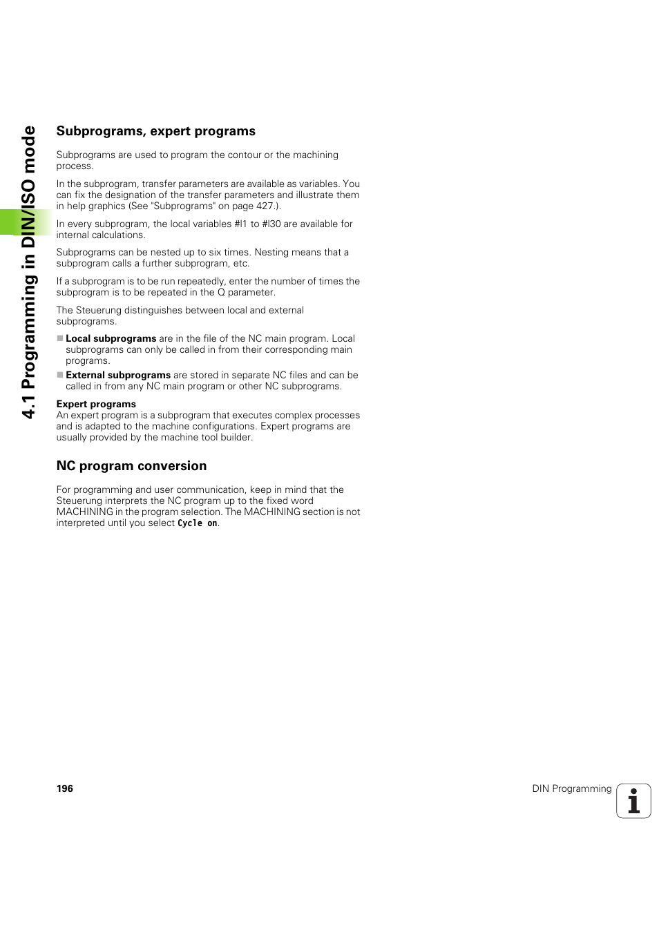 Subprograms, expert programs, Nc program conversion, 1 pr ogr amming in din/iso mode | HEIDENHAIN SW 54843x-03 DIN Programming User Manual | Page 196 / 622