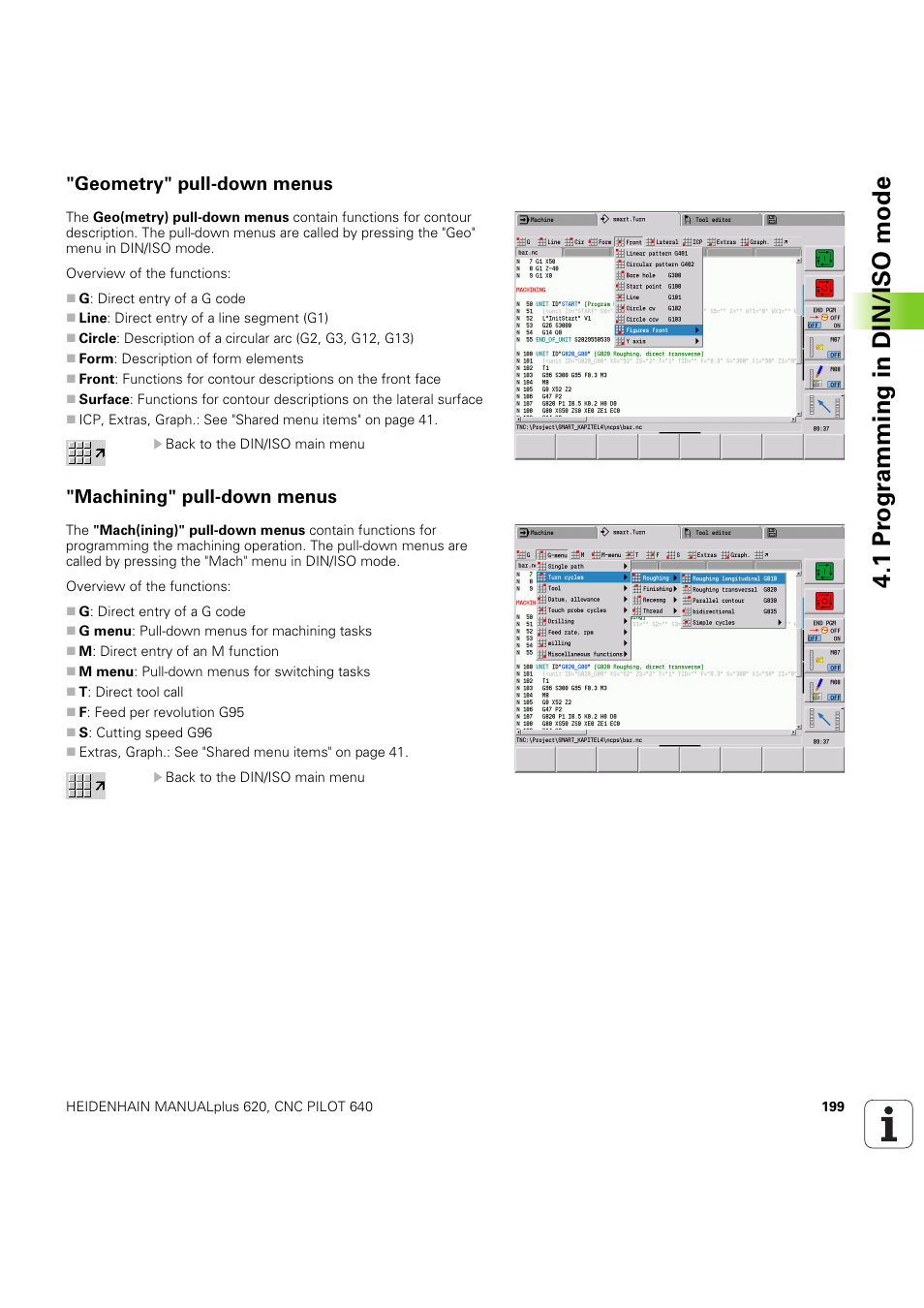 Geometry" pull-down menus, Machining" pull-down menus, 1 pr ogr amming in din/iso mode | HEIDENHAIN SW 54843x-03 DIN Programming User Manual | Page 199 / 622