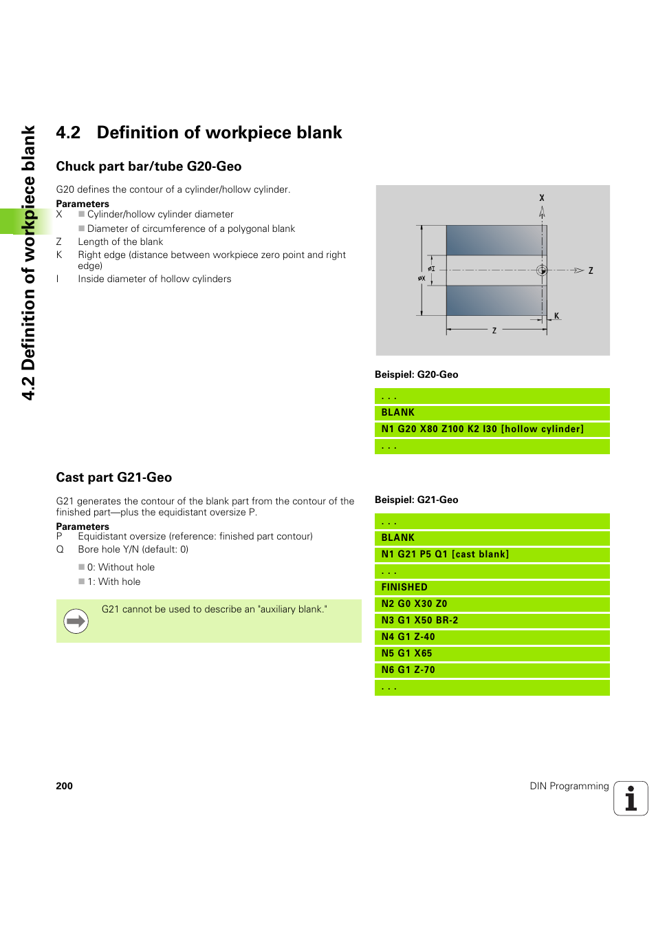 2 definition of workpiece blank, Chuck part bar/tube g20-geo, Cast part g21-geo | HEIDENHAIN SW 54843x-03 DIN Programming User Manual | Page 200 / 622