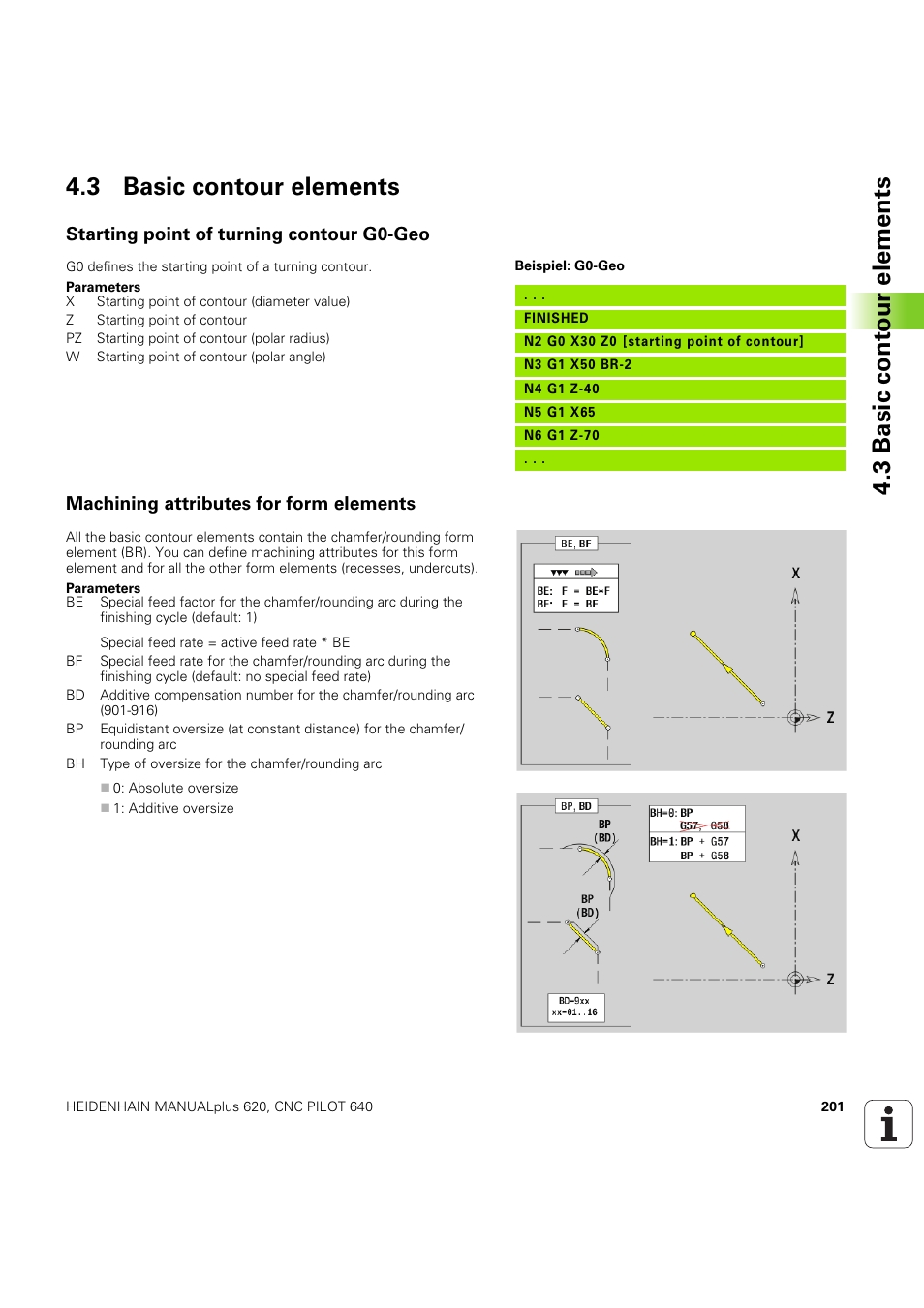 3 basic contour elements, Starting point of turning contour g0-geo, Machining attributes for form elements | HEIDENHAIN SW 54843x-03 DIN Programming User Manual | Page 201 / 622