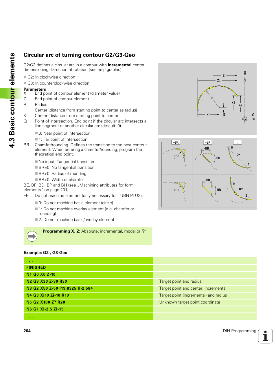 Circular arc of turning contour g2/g3-geo, 3 basic cont our elements | HEIDENHAIN SW 54843x-03 DIN Programming User Manual | Page 204 / 622
