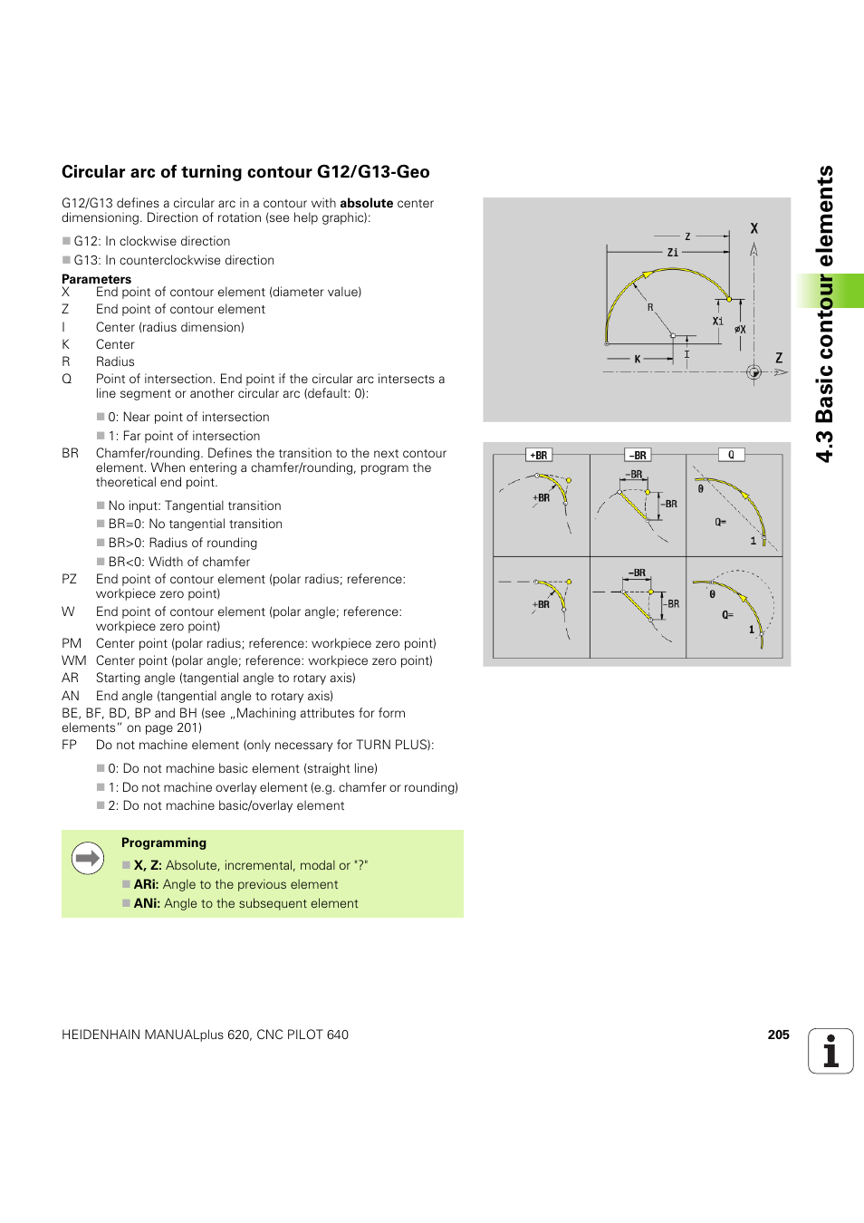 Circular arc of turning contour g12/g13-geo, 3 basic cont our elements | HEIDENHAIN SW 54843x-03 DIN Programming User Manual | Page 205 / 622