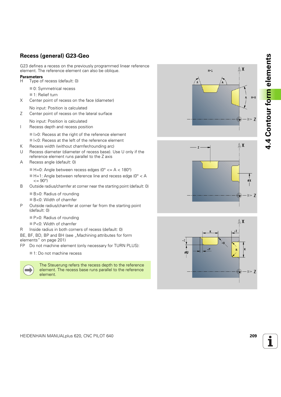 Recess (general) g23-geo, 4 cont our f o rm elements | HEIDENHAIN SW 54843x-03 DIN Programming User Manual | Page 209 / 622