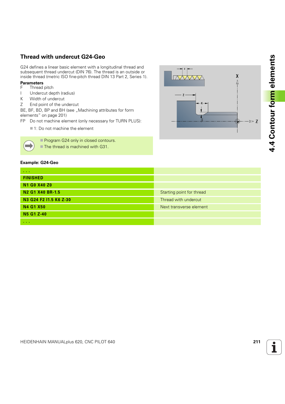 Thread with undercut g24-geo, 4 cont our f o rm elements | HEIDENHAIN SW 54843x-03 DIN Programming User Manual | Page 211 / 622